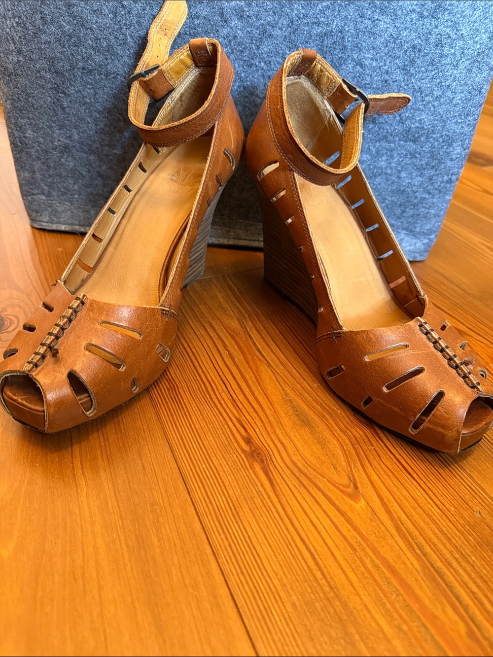 Frye Cognac Leather Peep-Toe Wedge Sandals with Ankle Strap